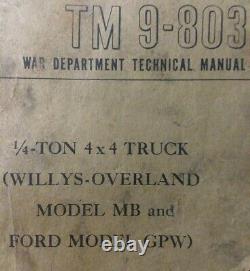 Jeep Willys MB Ford GPW 1/4 ton 4x4 Truck Owner, Parts & Service Manual 1944 War