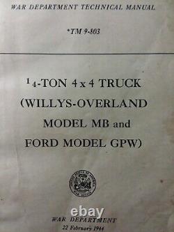 Jeep Willys MB Ford GPW 1/4 ton 4x4 Truck Owner, Parts & Service Manual 1944 War