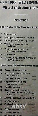 Jeep Willys MB Ford GPW 1/4 ton 4x4 Truck Owner, Parts & Service Manual 1944 War