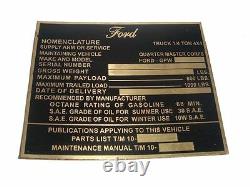 Lots of 10 Pieces Jeep Mb GPW Ford GP Nomenclature Data Plate Brass