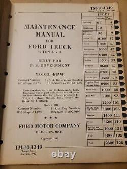 1942 Tm 10-1349 Manuel D'entretien Pour Ford Truck Model Gpw 1/4 Ton 4x4 Jeep