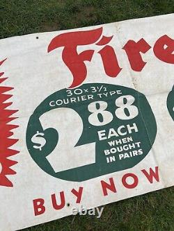 Bannière en tissu publicitaire d'origine d'antiquités Firestone Tires de 1935 - Enseigne pour revendeur, neuf de stock ancien
