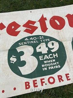 Bannière en tissu publicitaire d'origine d'antiquités Firestone Tires de 1935 - Enseigne pour revendeur, neuf de stock ancien