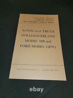 Manuel Technique Pour Ford Gpw & Willys Overland MB Jeep, M# Tm9-803 Imprimé 1947