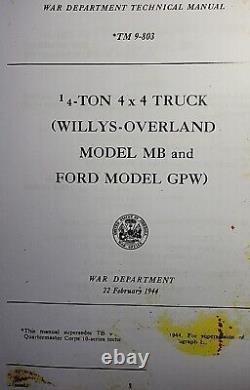 Manuel du propriétaire, pièces et service du camion Jeep Willys MB Ford GPW 1/4 tonne 4x4 de 1944